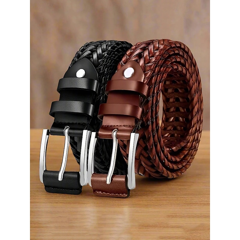 Men's Genuine Leather Braided Belt – Classic Woven Design with Polished Buckle, Durable and Adjustable Waist Accessory for Casual, Business and Golf Outfits