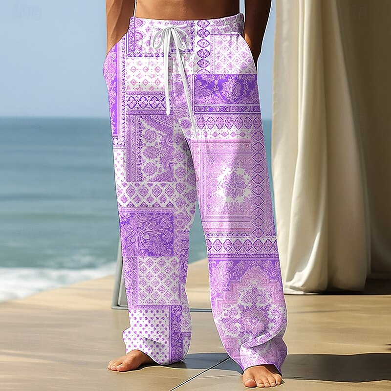 Men's Ethnic Toile de Jouy Trousers Baggy Pants Casual Pants Mid Waist Vintage Retro Outdoor Vacation Home Elastic Drawstring Waist Linen-Like Pants with Pockets Spring Fall 3D Print Blue Purple Green3
