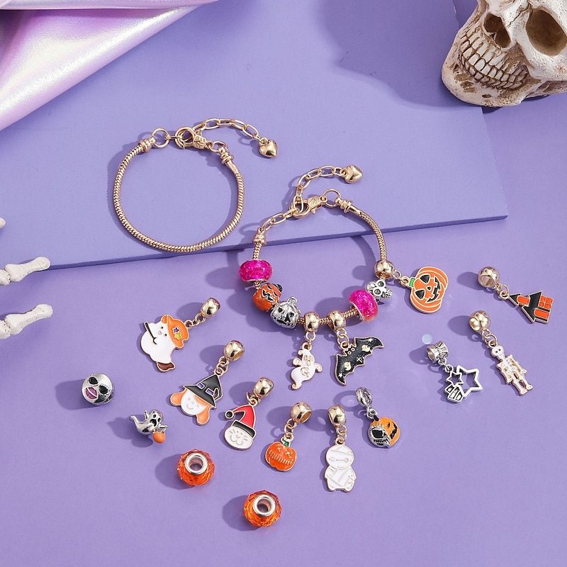 Halloween Advent Calendar Bracelets 2025 for Girls, Day of the Dead 24 Days DIY Jewelry Making Kit with 22 Charm Beads and 2 Adjustable Bracelets,Pumpkin & Skull Countdown Gift for Kids Teens Women2