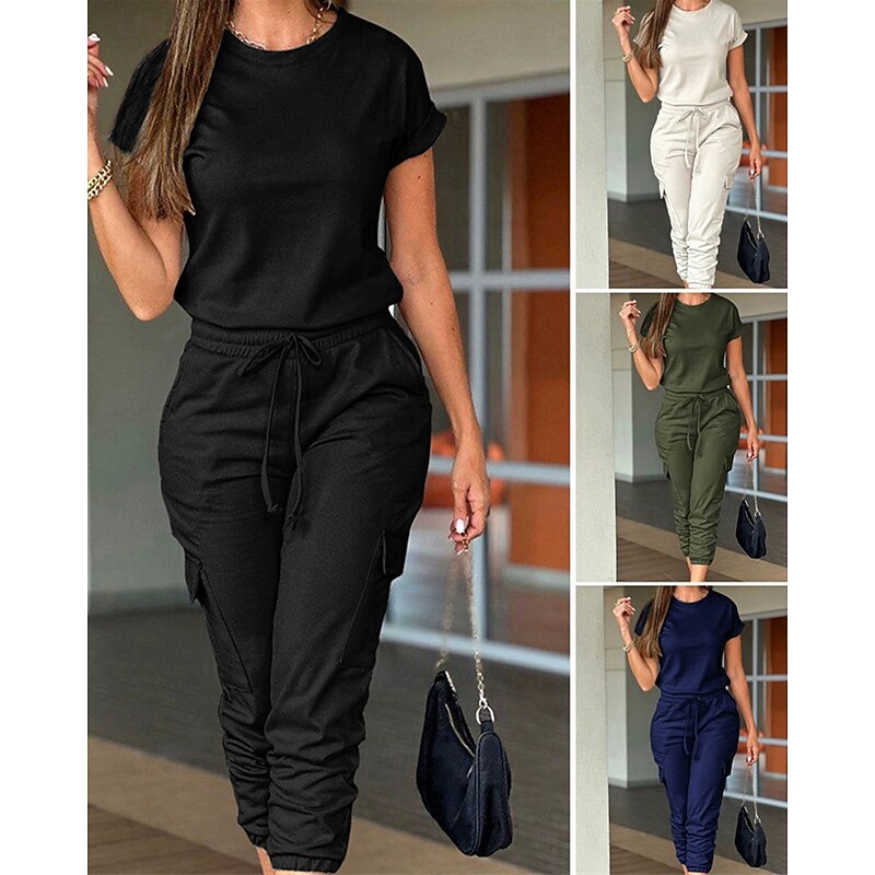 Women's Normal Jumpsuit Streetwear Solid Color Short Sleeve Crew Neck Drawstring Pocket Street Daily Regular Fit Black Light Green Pink Fall