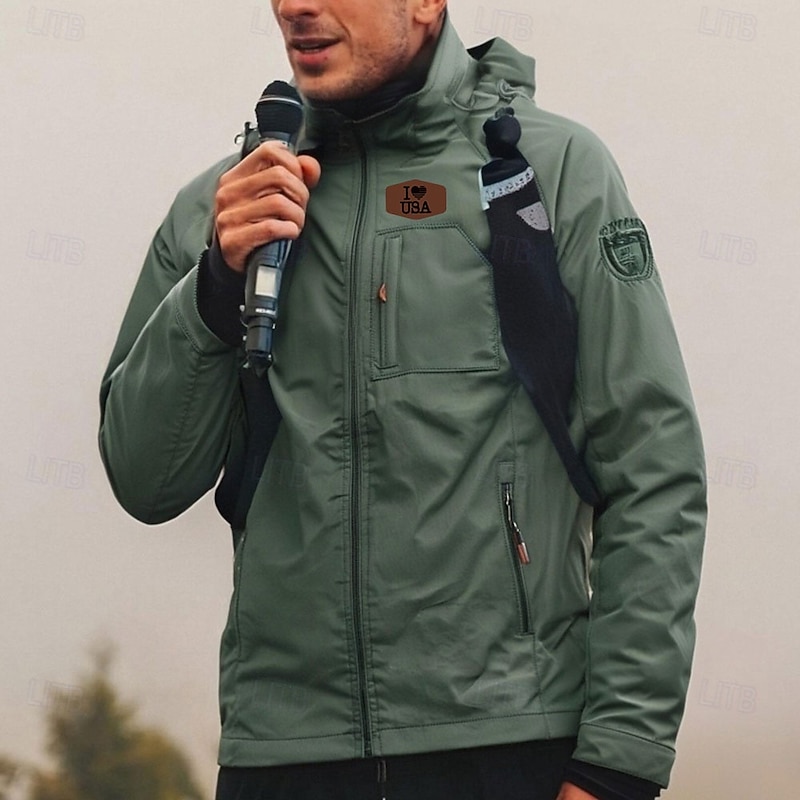 Men's Jacket Raincoat Shell Jacket Waterproof Lightweight Casual Sports Outdoor Camping & Hiking Embroidered Side Pockets Zip Front Fall Winter Hooded Long Sleeve Black Green khaki