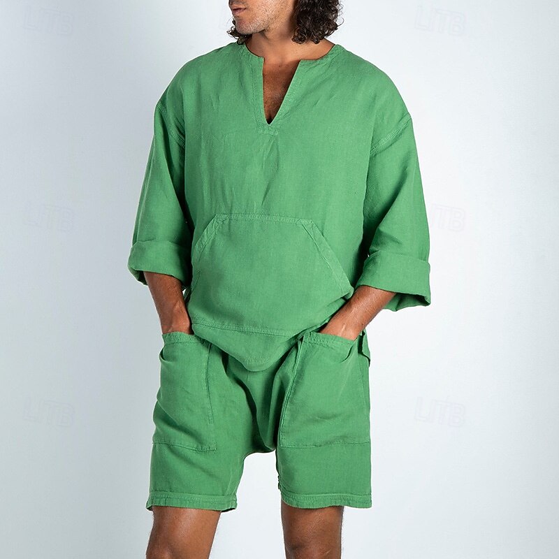 Men's T-shirt Suits 2 Pieces Outfits Tee & Shorts Long Sleeve V Neck Summer Spring Plain Fashion Casual 2 Piece Front Pocket Vacation Daily Wear Going out Yellow Blue Green Top Tee for Men