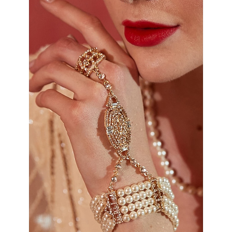 Women's 1920s Pearl Hand Chain Bracelet Ring - Art Deco Flapper Style Jewelry for Gatsby Themed Parties and Vintage Costume Events - Main Image