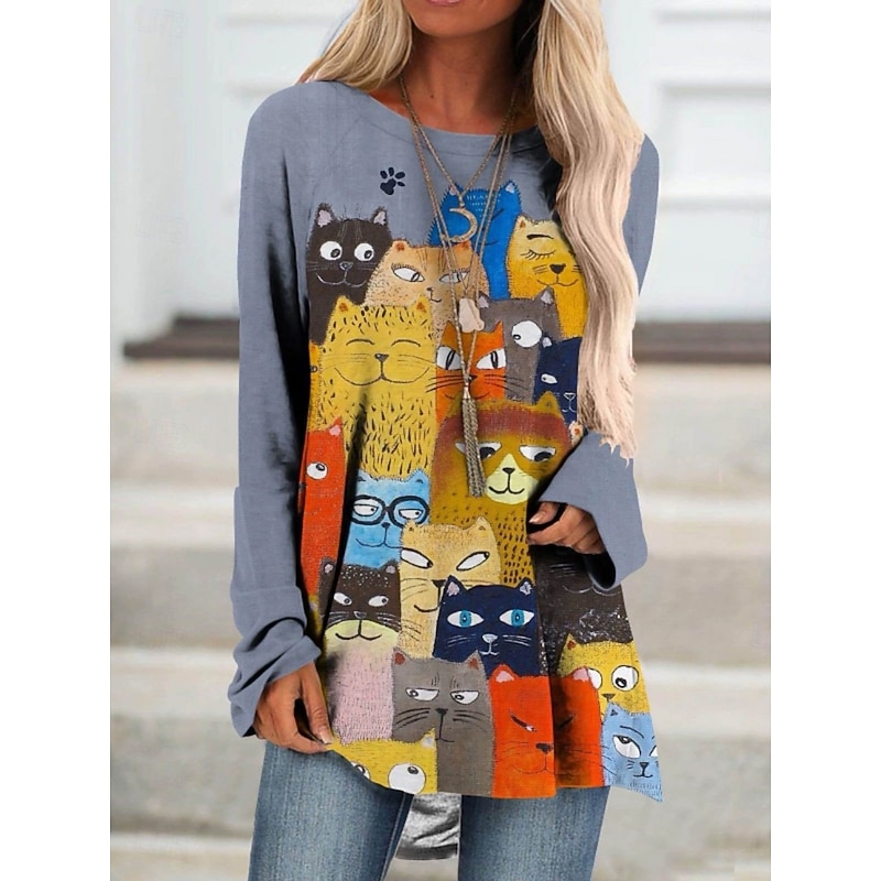 Women's T shirt Long Sleeve Graphic Animal Vintage Stylish Classic Long Sleeve Crew Neck Round Neck Regular Tops Daily Print White Red Blue Spring Fall Prefall