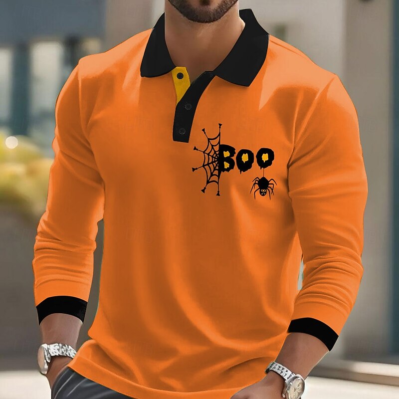 Halloween Men's Animal Spider web Polo Long Sleeve Polo Shirts Lapel Casual Street Athleisure Daily Wear 3D Print Buttons Spring Fall Winter Black Orange Brown