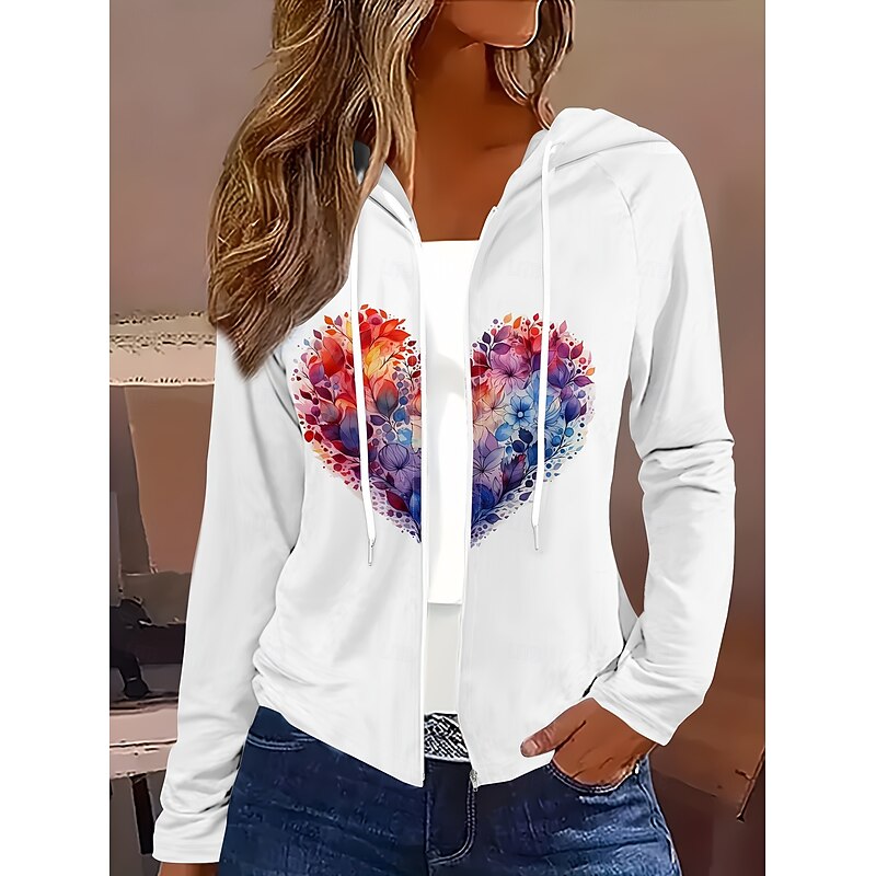 Women's Hoodie Jacket Comfortable Zipper Vintage Sports Fashion Floral School Vacation Home Casual Short Hooded Regular Fit Long Sleeve Outerwear White Red Blue Spring Fall2
