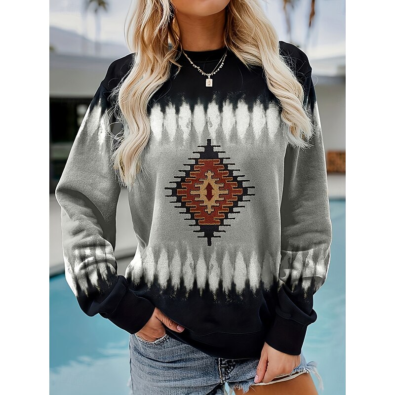 Women's Pullover Sweatshirt Graphic Geometric Tribal Warm Active Vintage Long Sleeve Crew Neck Regular Tops Street Dailywear Casual Patchwork Print Green Khaki Gray Spring Fall Winter4