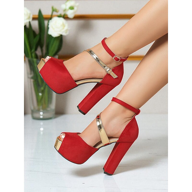 Women's Red Suede Platform Block Heel Sandals - Peep Toe Ankle Strap High Heels for Nightlife Parties and Evening Clubwear2
