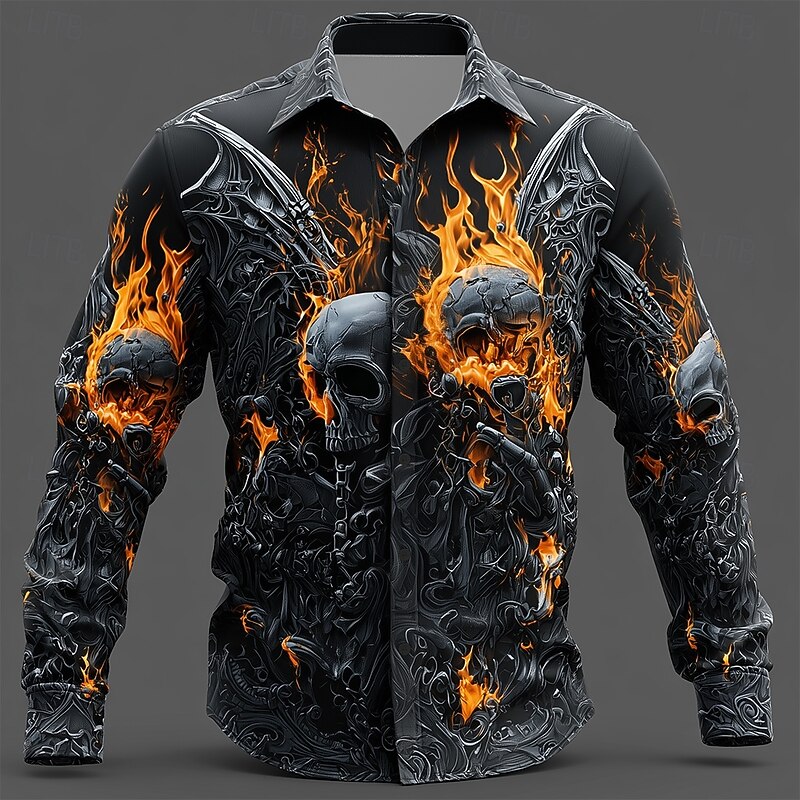 Halloween Men's Skull Floral Print Flame Shirt Button Up Shirt Long Sleeve Dark Punk Gothic Style Outdoor Holiday Summer Spring Turndown 3D Print Collared Shirts Black 1 Black2