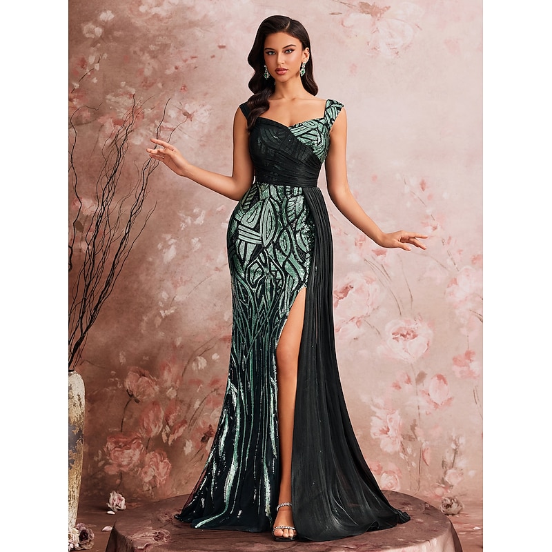 Mermaid / Trumpet Evening Gown Sparkle Dress Wedding Evening Party Floor Length Sleeveless Square Neck Bridesmaid Dress Tulle Backless with Sequin4