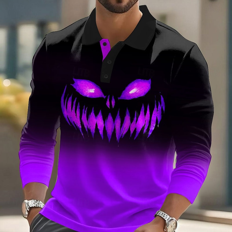 Halloween Men's Pumpkin Polo Long Sleeve Polo Shirts Lapel Casual Street Athleisure Daily Wear 3D Print Buttons Spring Fall Winter Blue Purple Orange4