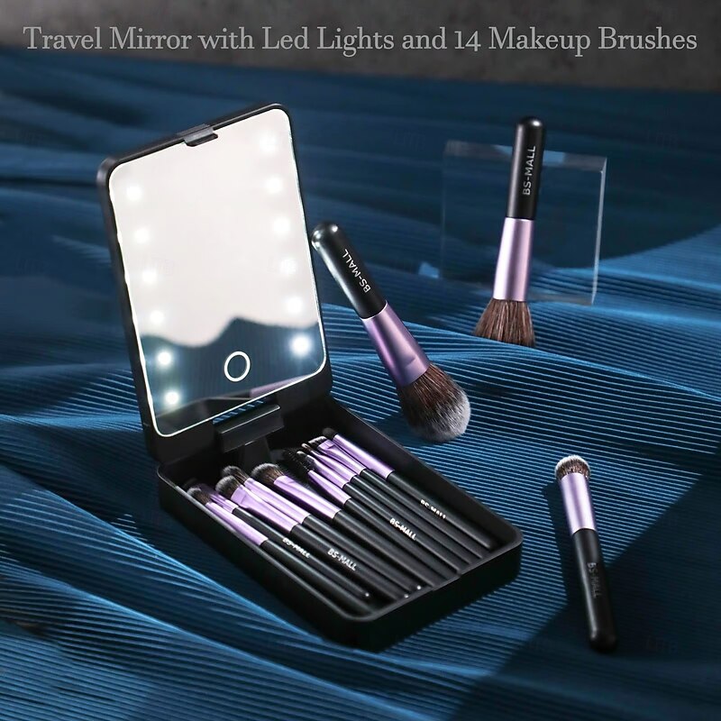 Travel Makeup Brush Set With LED Light Portable Cosmetic Mirror Compact Folding Vanity Mirror With Lighting Handheld Desktop Makeup Tools For Women Girls4