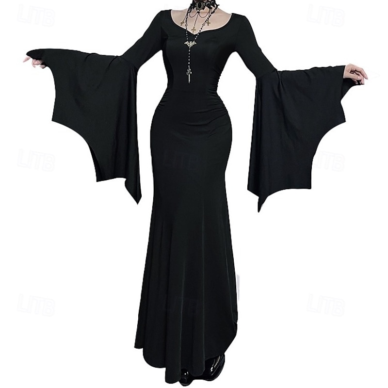Gothic Maxi Dress Bell Sleeve Witch Morticia Addams Lace Corset Fancy Dress Women's Fantasy Halloween Carnival Performance Party Adults Dress