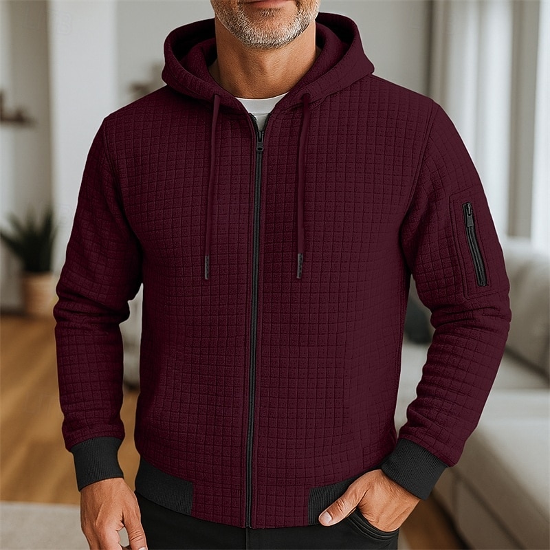 Men's Hoodie Full Zip Hoodie Waffle Hoodies Wine Red Black White Army Green Navy Blue Hooded Plain Zipper Textured Sports & Outdoor Casual Daily Streetwear Cool Sportswear Spring &  Fall Clothing4