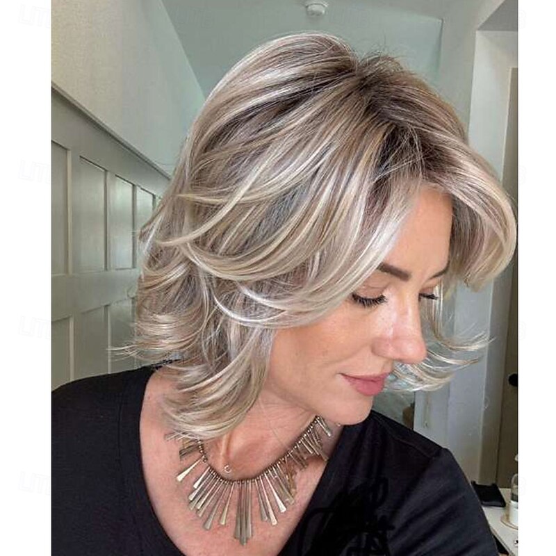 Women's Short Layered Blonde Bob Wig with Dark Roots – Synthetic Heat-Resistant Hair for Everyday, Cosplay & Party4