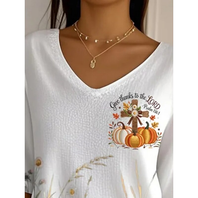 Halloween Women's Blouse Pumpkin Daily Casual 3/4 Length Sleeve V Neck Regular Tops Daily Holiday Print White Summer Spring Fall3