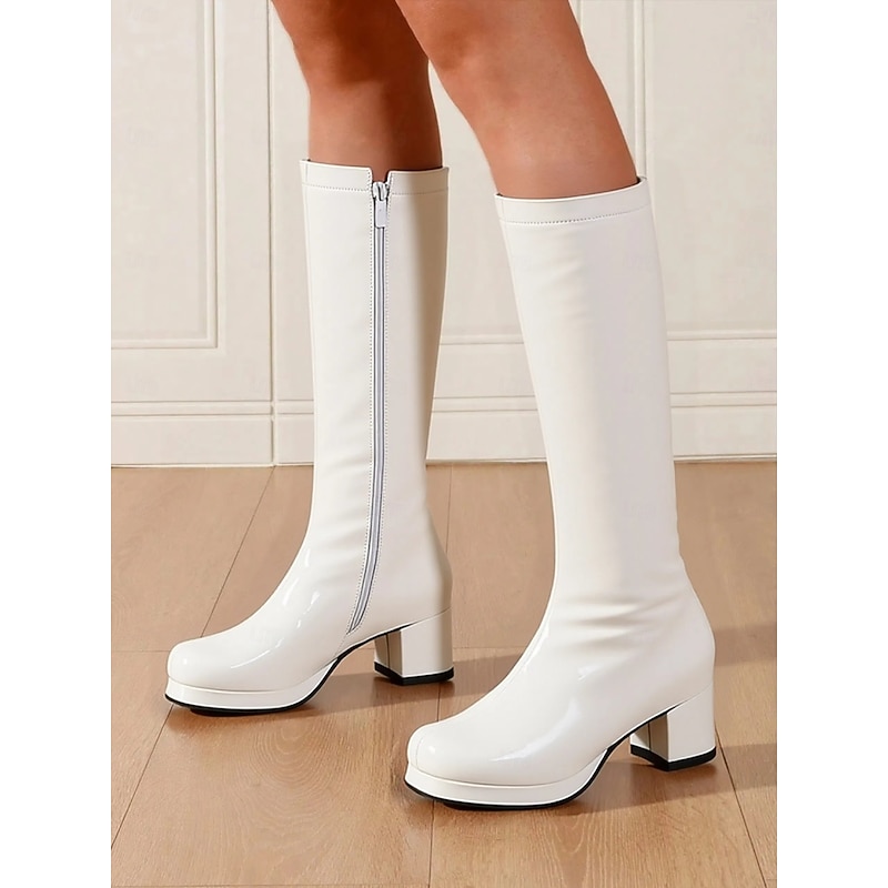 Women's White Patent Knee-High Platform Boots with Side Zipper - Vintage 70s Disco Style Chunky Heel Boots for Cosplay, Retro Fashion, and Events3