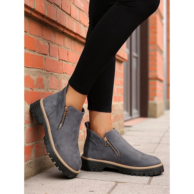 Women's Gray Faux Suede Ankle Boots – Side Zip Closure, Non-Slip Lug Sole, Stylish Fall & Winter Streetwear3