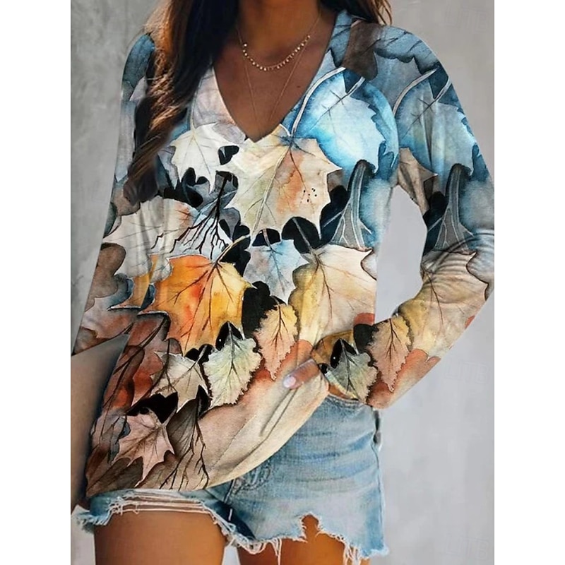Women's T Shirt Floral Graphic Plants Elegant Bohemia Vintage Long Sleeve V Neck Regular Tops Daily Going out Weekend Print Sage Green Red Royal Blue Blue Fuchsia Spring Fall2