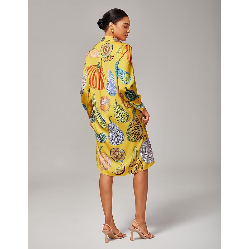 Women's Shirt Dress Casual V Neck Asymmetrical Hem Split Design Pumpkin Print Yellow4