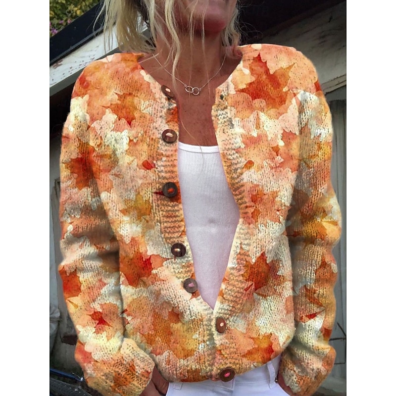 Women's Cardigan Sweater Knitted Ribbed Button Front Round Neck Long Sleeve Lightweight female Fashion Daily Casual Floral Graphic Buttons Print Knit Outdoor Daily Date Black Orange Fall Winter3