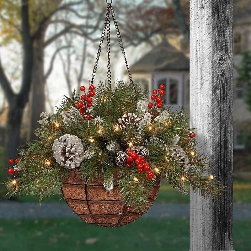 Artificial Christmas Hanging Basket with Golden Pine Cones, Red Berries & White Flowers Perfect for Indoor/Outdoor Front Door, Wall, Window, Lawn, Garden Decor