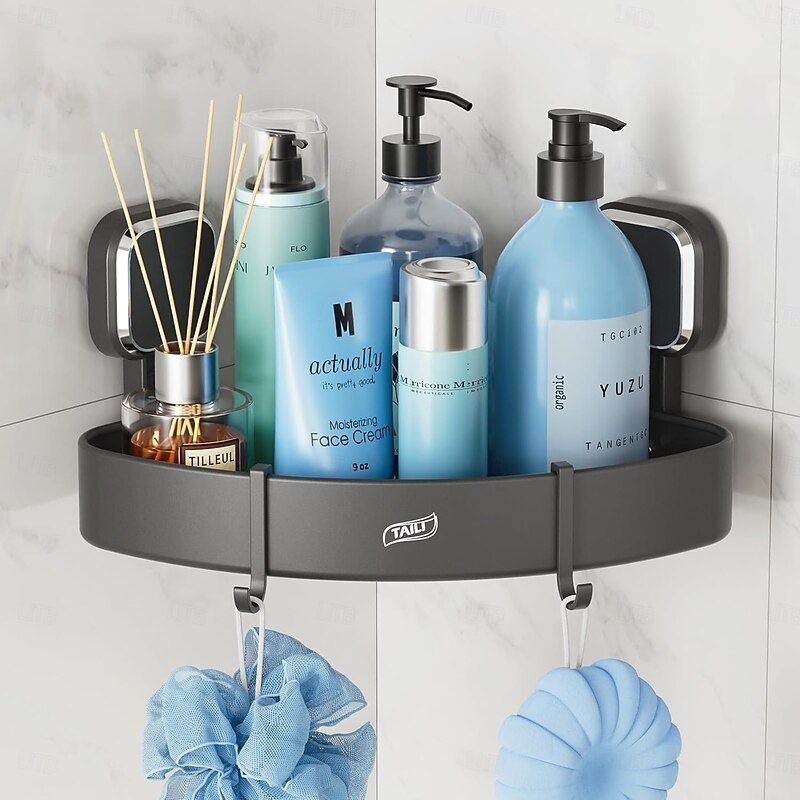 TAILI Corner Shower Caddy with Suction Cup Hooks, Aluminum Corner Shelf Basket, Wall Mounted Organizer Rack for Shampoo, No-Drilling Rustproof for Kitchen and Bathroom