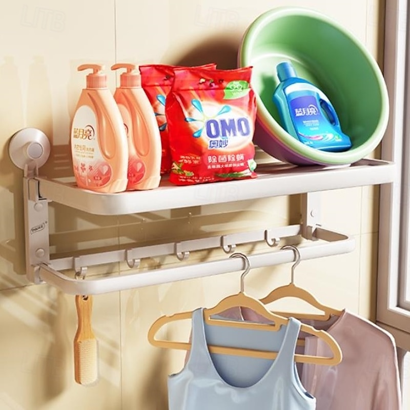 TAILI Aluminum Alloy Suction Cup Towel Rack with Towel Bar Holder, No Drill Foldable Towel Shelf with Hooks,Towel Storage Organizer for Bathroom Bath Shower