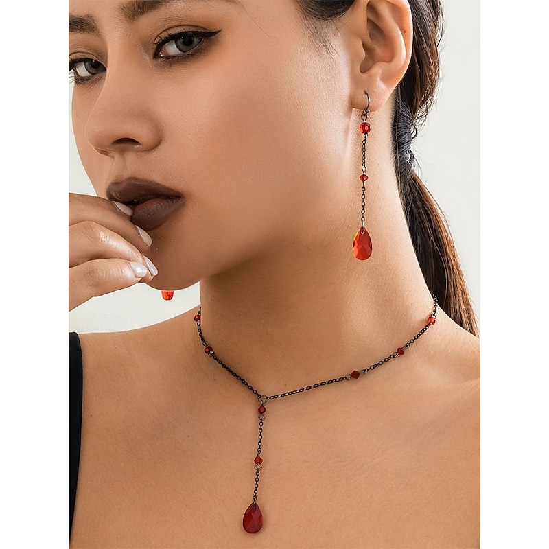 Women's Halloween Gothic Jewelry Set – Black Crystal Drop Necklace and Earrings for Party, Cosplay and Nightlife
