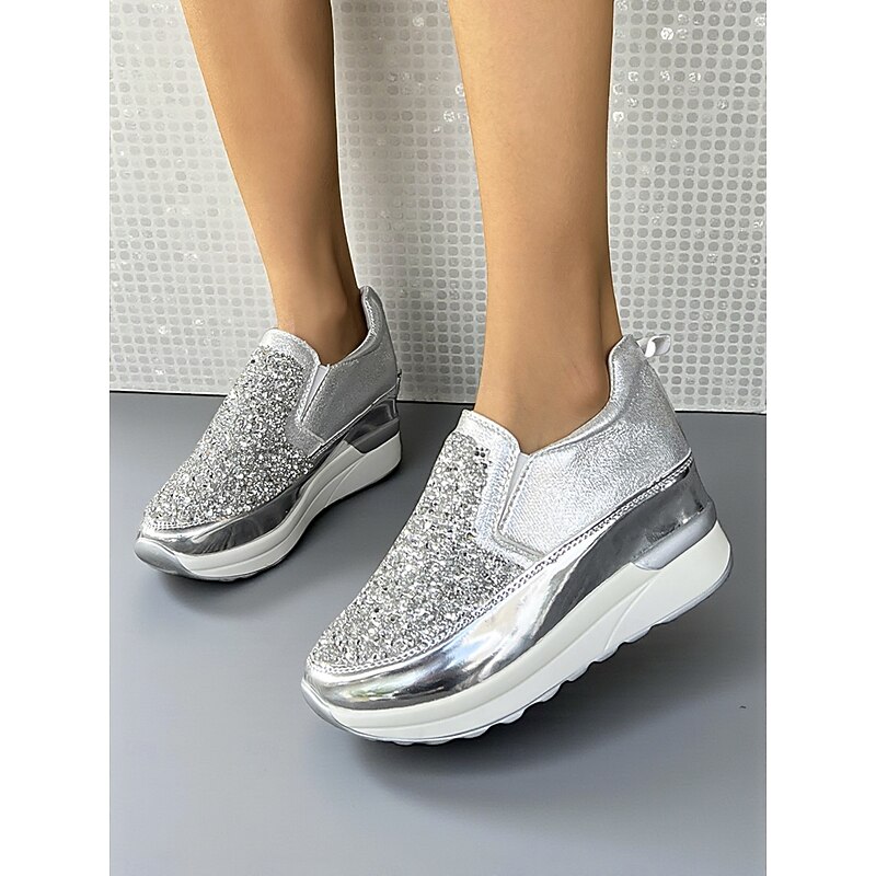 Women's Black Glitter Slip-On Sneakers with Metallic Detailing - Stylish Platform Sneakers, Perfect for Nightlife Parties and Casual Outings
