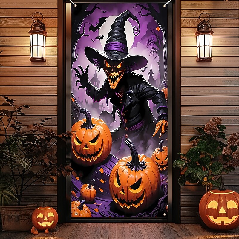 Halloween Door Cover Outdoor Banners Witch 3D Dark Punk Gothic Style Party Outdoor Shooting Backgrounds Front Door Wall Porch Home Decor4