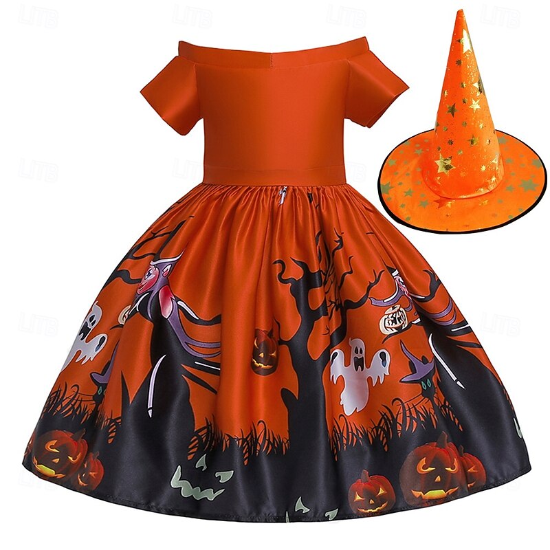 Kids Girls' Party Dress Graphic Short Sleeve Special Occasion Princess Polyester Party Dress Summer Spring 3-10 Years Orange