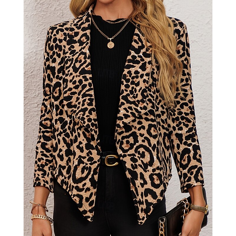 Women's Blazer Comfortable Print Fashion Outdoor Leopard Going out Casual Daily Weekend Cardigan Short Lapel Regular Fit Long Sleeve Outerwear Brown Spring Fall4