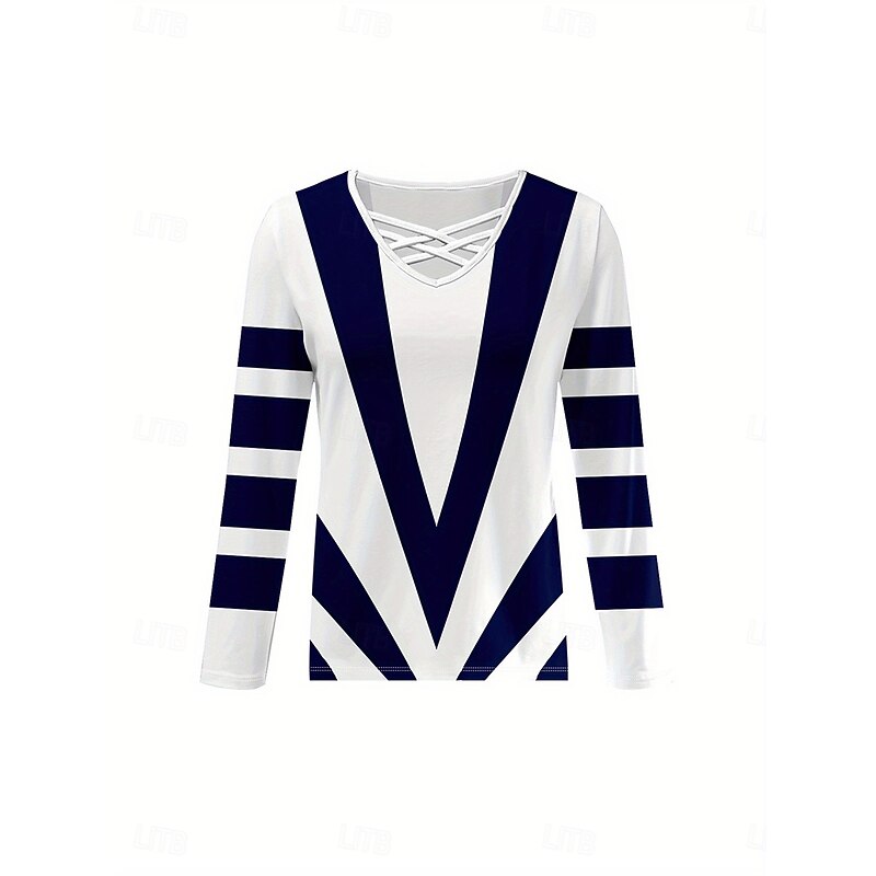 Women's T Shirt Graphic Striped Geometry Vintage Stylish Classic Long Sleeve V Neck Regular Tops Daily Cut Out Print Navy Blue Fall Winter2