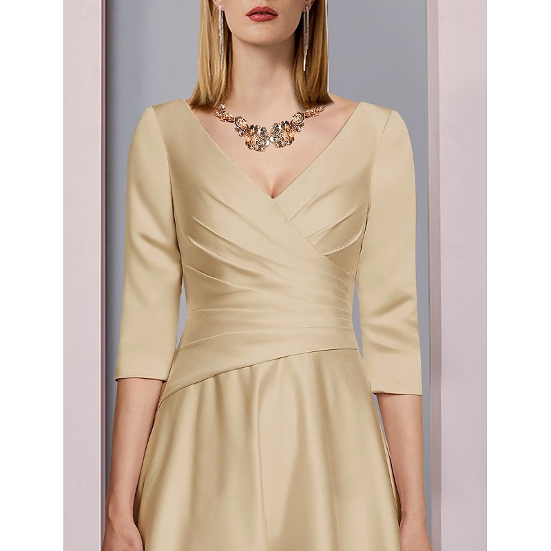 Beach Wedding A-Line Gold Dresses Mother of the Bride Dress Wedding Guest Elegant Vintage Plus Size V Neck Tea Length Satin 3/4 Length Sleeve with Pleats dress to impress free custom size4