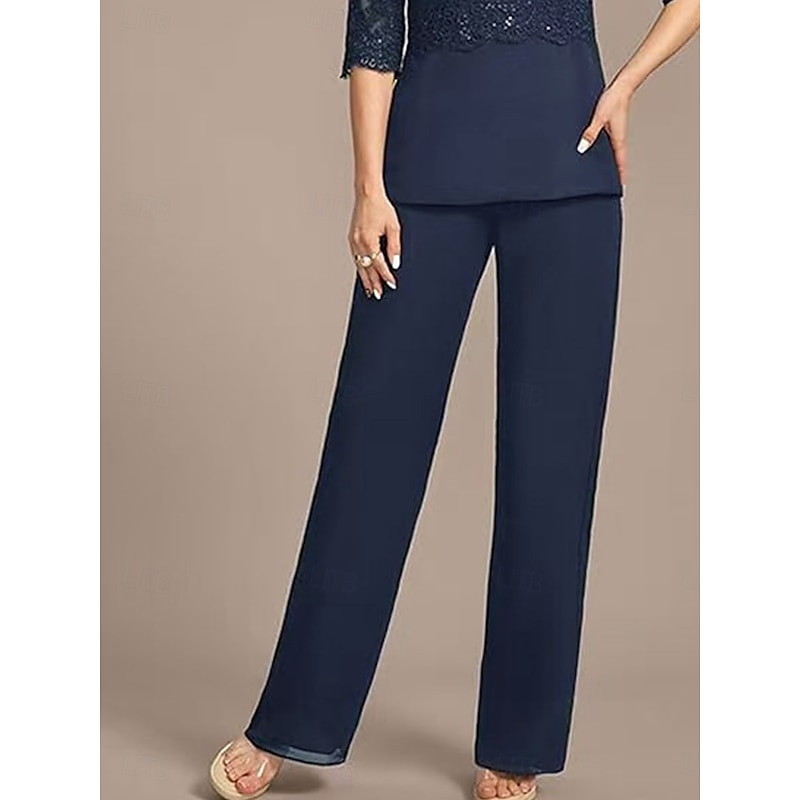 3 Piece Pantsuit Floral Sequin Lace Mother of the Bride Pantsuit Elegant Vintage Crew Neck Ankle Length Half Sleeve with Jacket3