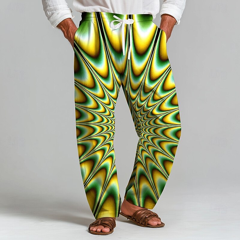Men's Geometric Optical Illusion Trousers Baggy Pants Casual Pants Mid Waist Fashion Outdoor Vacation Home Elastic Drawstring Waist Linen-Like Pants with Pockets Spring Fall 3D Print White Red Blue4