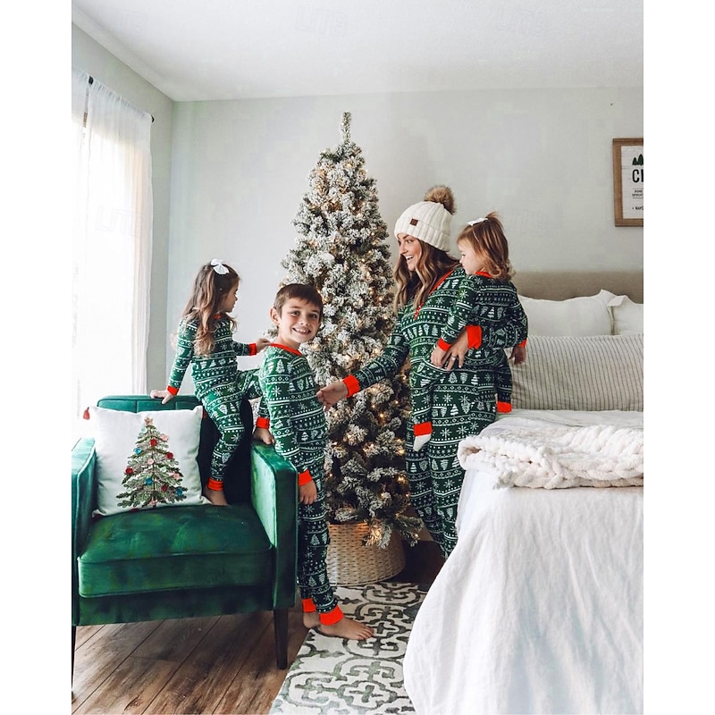 Family Pajamas Christmas Pattern Home Print Green Long Sleeve Active Matching Outfits2
