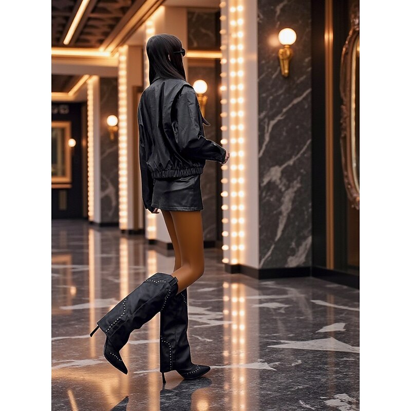 Women's Slouch Knee High Boots with Studded Detailing Pointed Toe Stiletto Heel Retro Western Style Boots for Urban Fashion Wear4