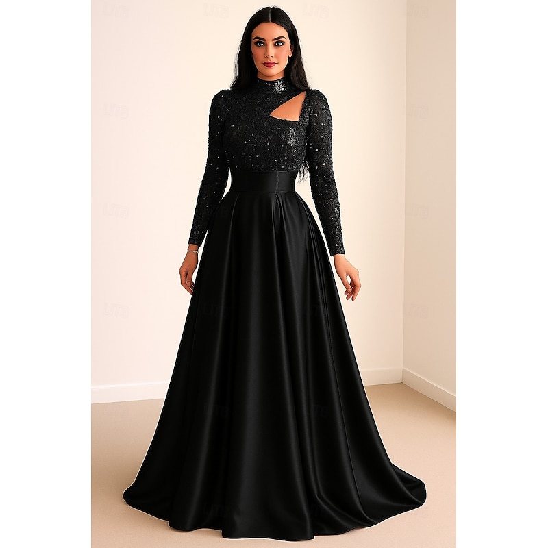 Black Sequined A-Line Evening Gown Elegant Dress Carnival Formal Floor Length Long Sleeve Illusion Neck Detachable Satin with Glitter 2025
