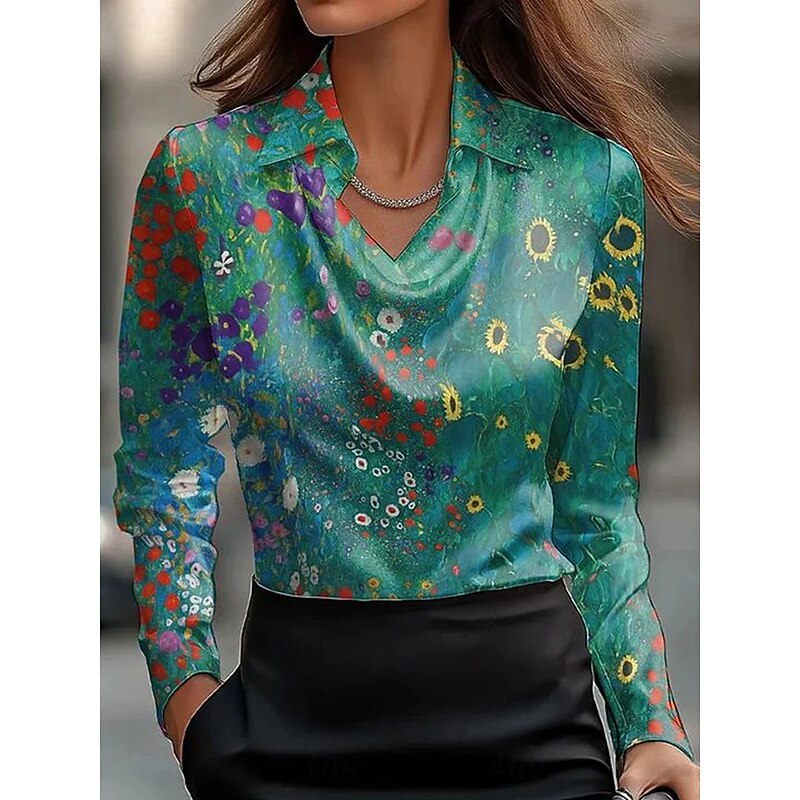 Women's Shirt Floral Graphic Elegant Stylish Casual Long Sleeve Cowl Neck Regular Tops Work Party Evening Wear Daily Ruched Draped Yellow Emerald Green Green Beige Summer Fall4
