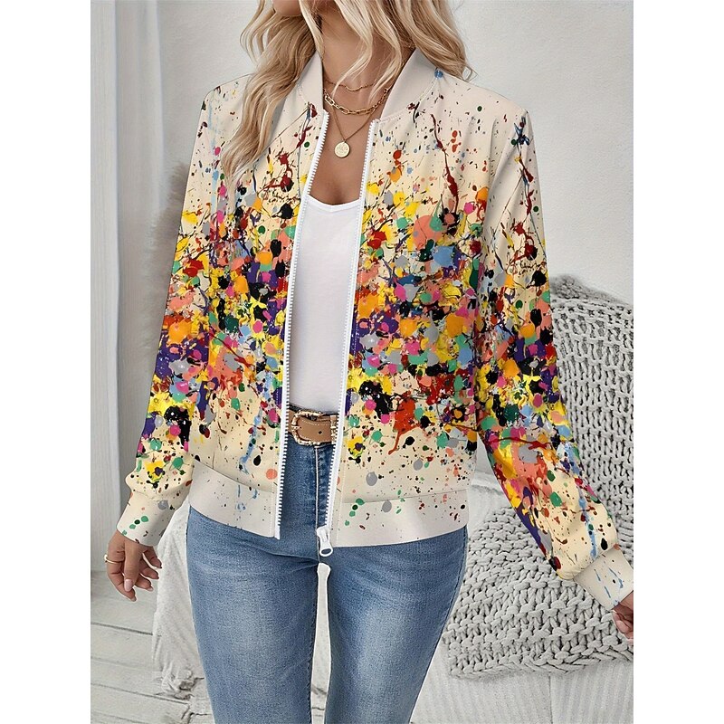Women's Jacket Comfortable Print Outdoor Casual Boho Vintage Geometric Vacation Home Casual Daily Wear Short Baseball Collar Regular Fit Long Sleeve Outerwear Black And White Light Yellow Leopard3