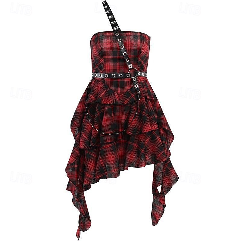 Punk & Gothic Mini Dress Goth Girl Asymmetric Hem Plaid Fancy Dress Women's Halloween Carnival Performance Party Adults Dress2