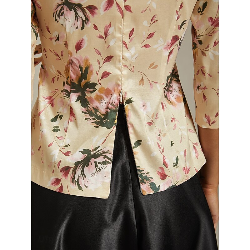 Women's Dressy Tops Floral Elegant Vintage Romantic 3/4 Length Sleeve V Neck Regular Tops Wedding Guest Party Evening Wear Semi Formal Khaki Spring, Fall, Winter, Summer4