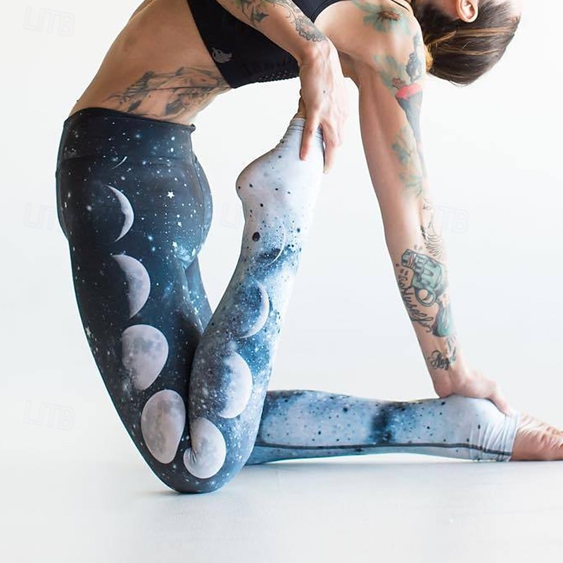 Women's Sports Bottoms Yoga Leggings Tummy Control High Waist Athletic Pilates Running Bottoms Galaxy Star Print Blue Fall Sports Activewear3