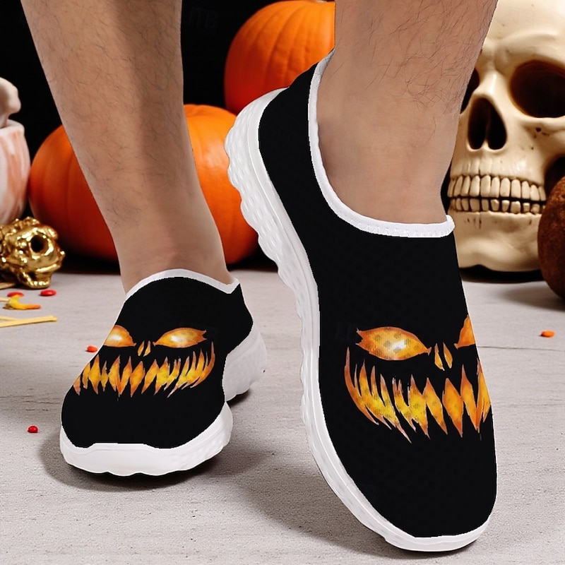 Men's Black Mesh Slip-On Sneakers with Pumpkin Face Print – Casual Halloween Themed Lightweight Shoes for Party, Streetwear and Daily Wear