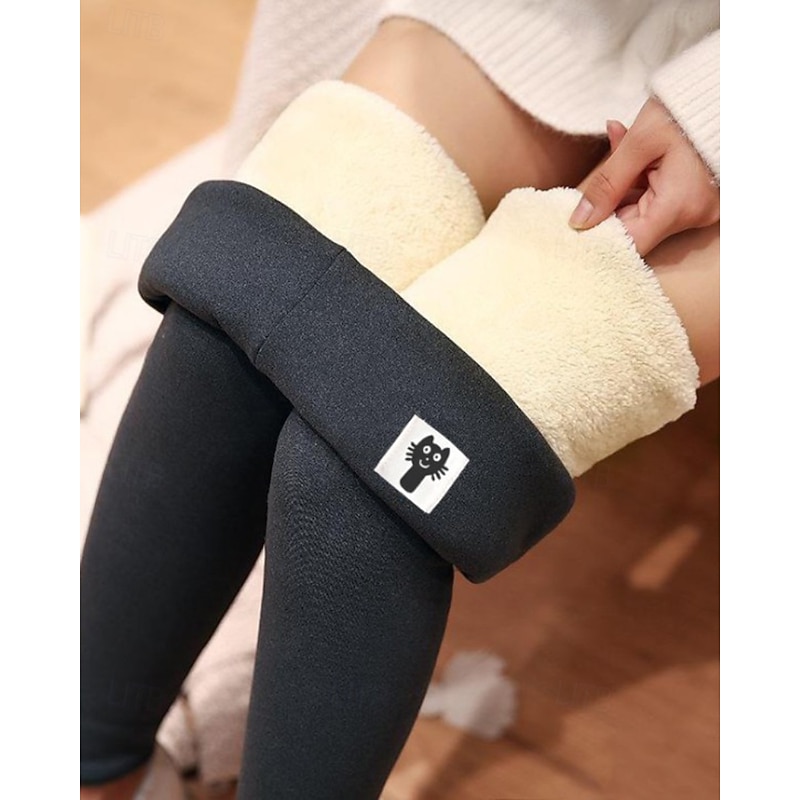 Women's Slacks Leggings Cozy Fleece Lined Streetwear Casual Full Length Natural Plain Elastic Waist Comfortable Street Holiday Daily Wear claret Dark-Gray Grey Black 1# Winter Regular Fit4