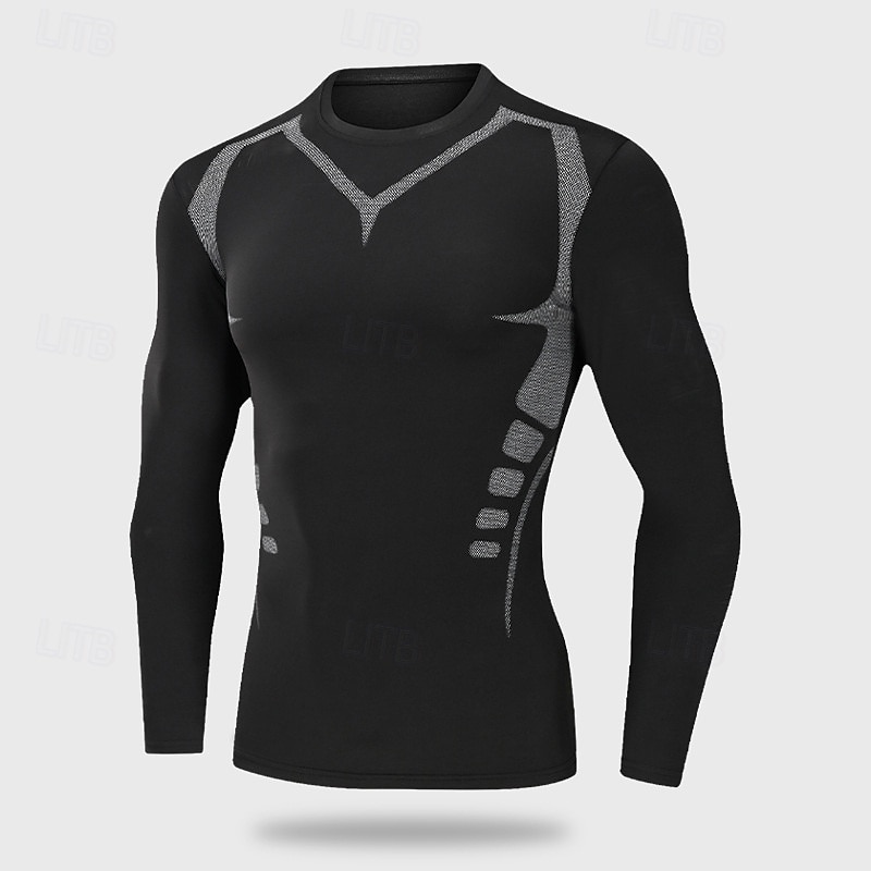 Men's Compression Shirt Workout Tops Long Sleeve Top Athleisure Solid Colored Quick Dry Breathable Basketball Running Yoga Sportswear Activewear black+dark grey Black Rough Black3