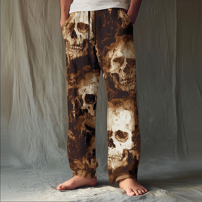 Halloween Men's Halloween Costumes Skulls Trousers Baggy Pants Casual Pants Mid Waist Dark Punk Gothic Style Holiday Elastic Drawstring Waist Linen-Like Pants with Pockets Spring Fall 3D Print Black2