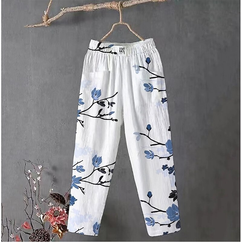 Women's Wide Leg Chinos Slacks Vacation Vintage Ethnic Style Full Length High Waist Floral Graphic Bird Pocket Comfy Breathability Lightweight Inelastic Outdoor Vacation Causal White Yellow Dusty Blue2